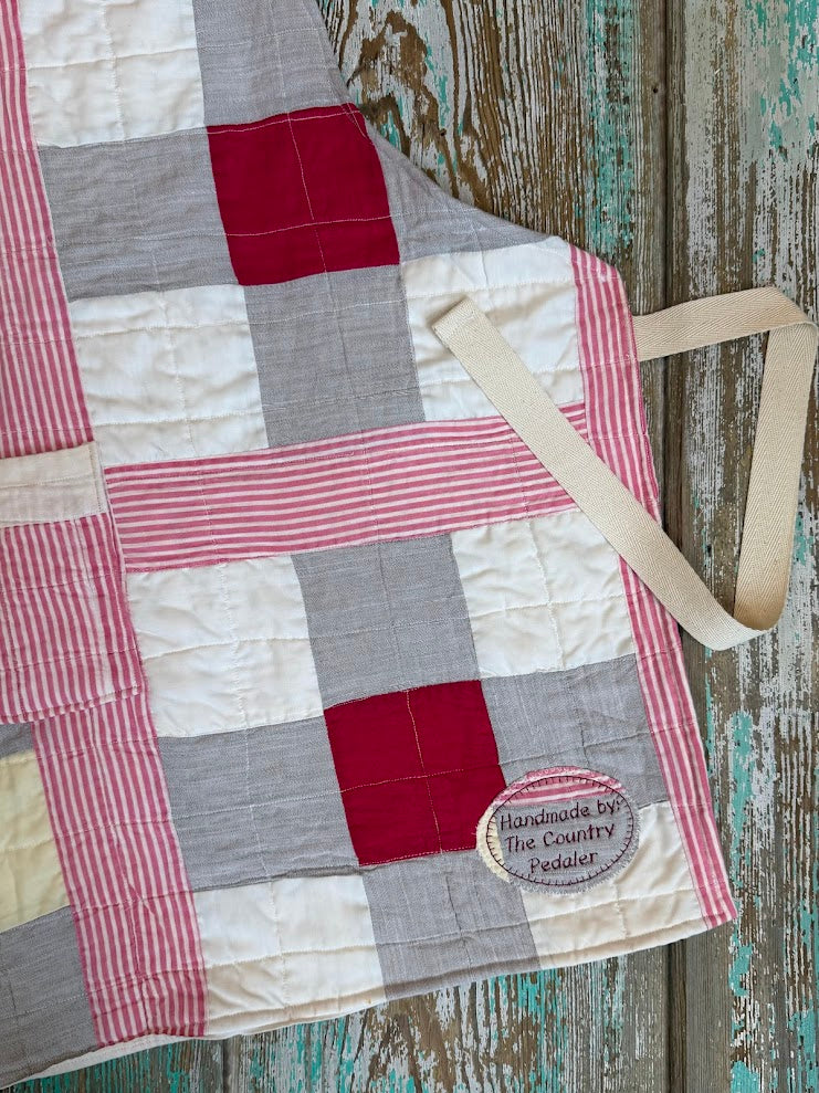 Upcycled Vintage Red Patchwork Quilt Apron: Kids