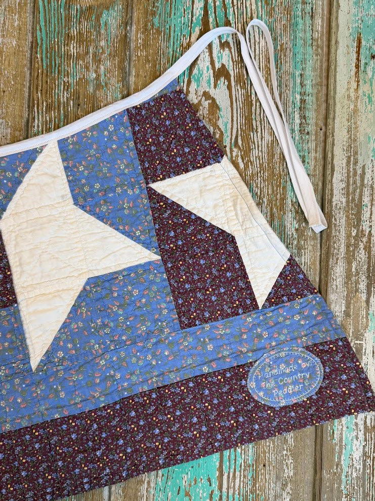 Upcycled Vintage Red and Blue Floral Quilt Apron: Adult Half-Apron (A)