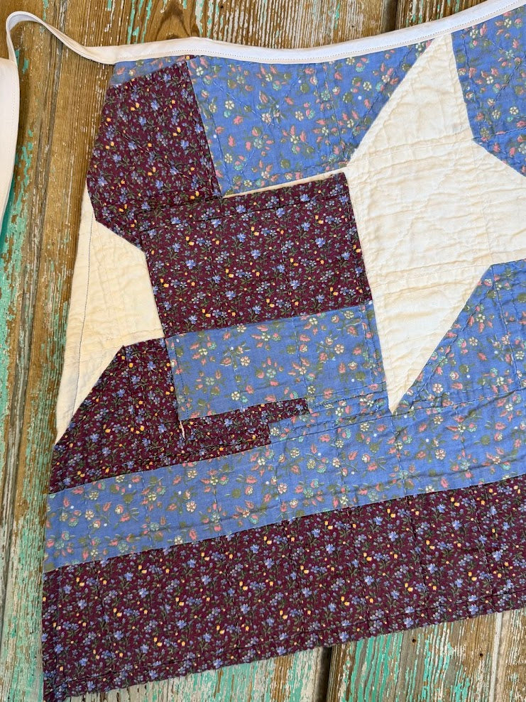 Upcycled Vintage Red and Blue Floral Quilt Apron: Adult Half-Apron (A)