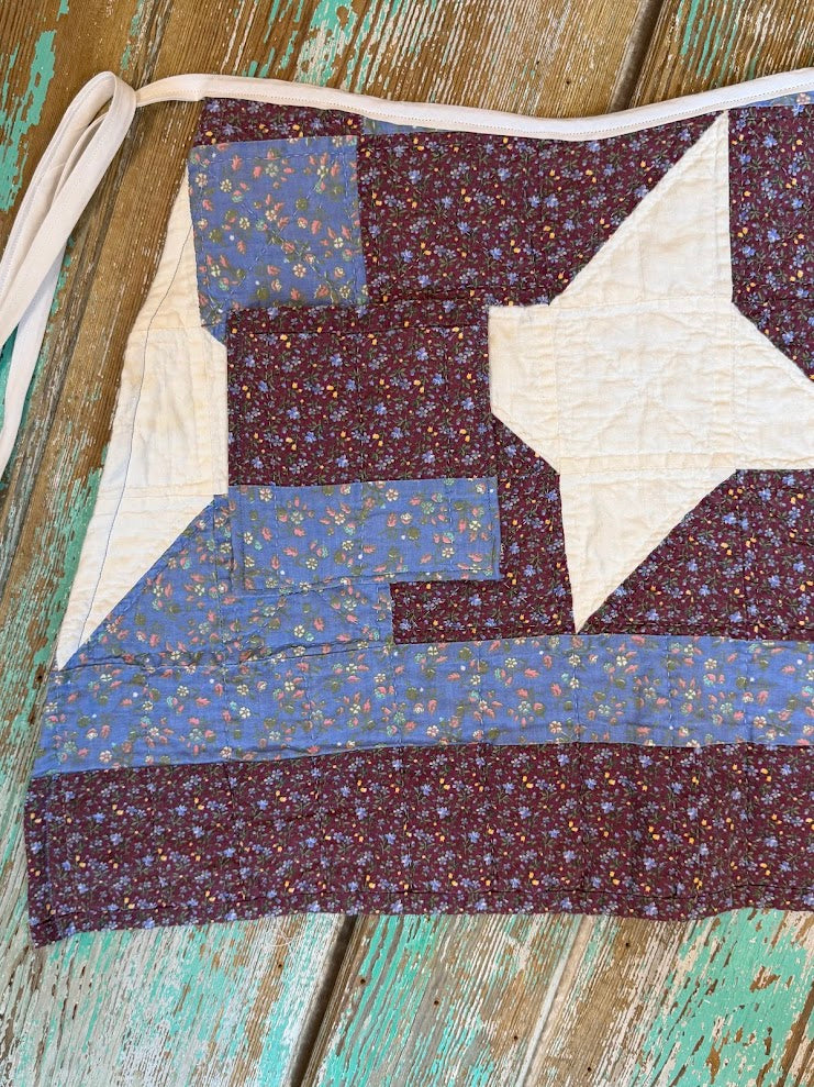 Upcycled Vintage Red and Blue Floral Quilt Apron: Adult Half-Apron (B)