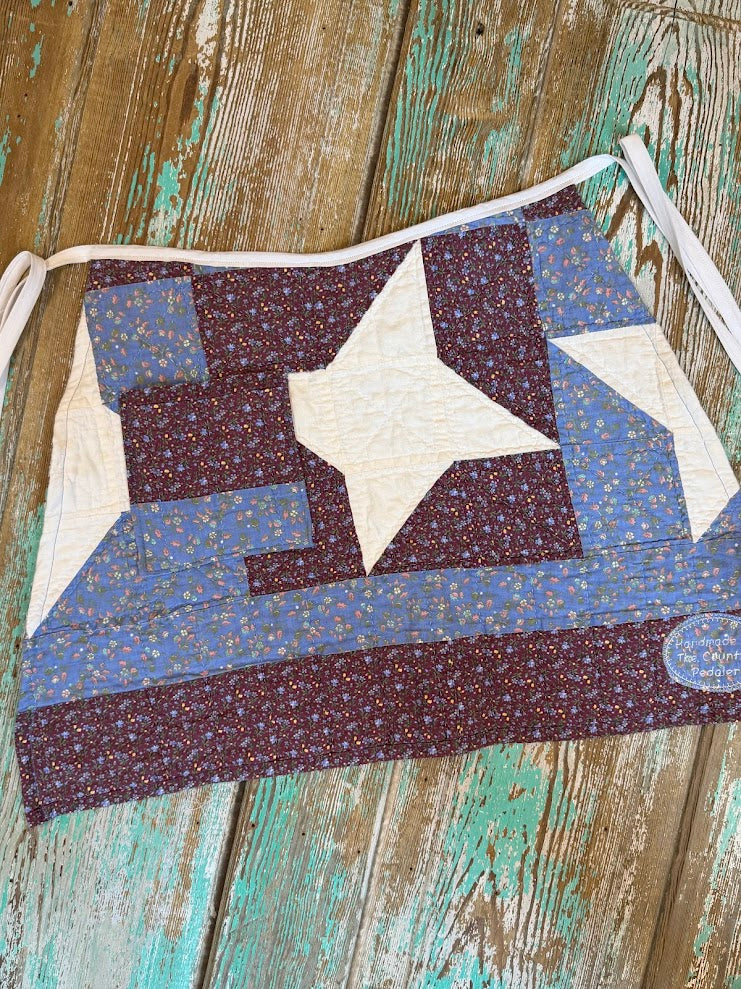 Upcycled Vintage Red and Blue Floral Quilt Apron: Adult Half-Apron (B)