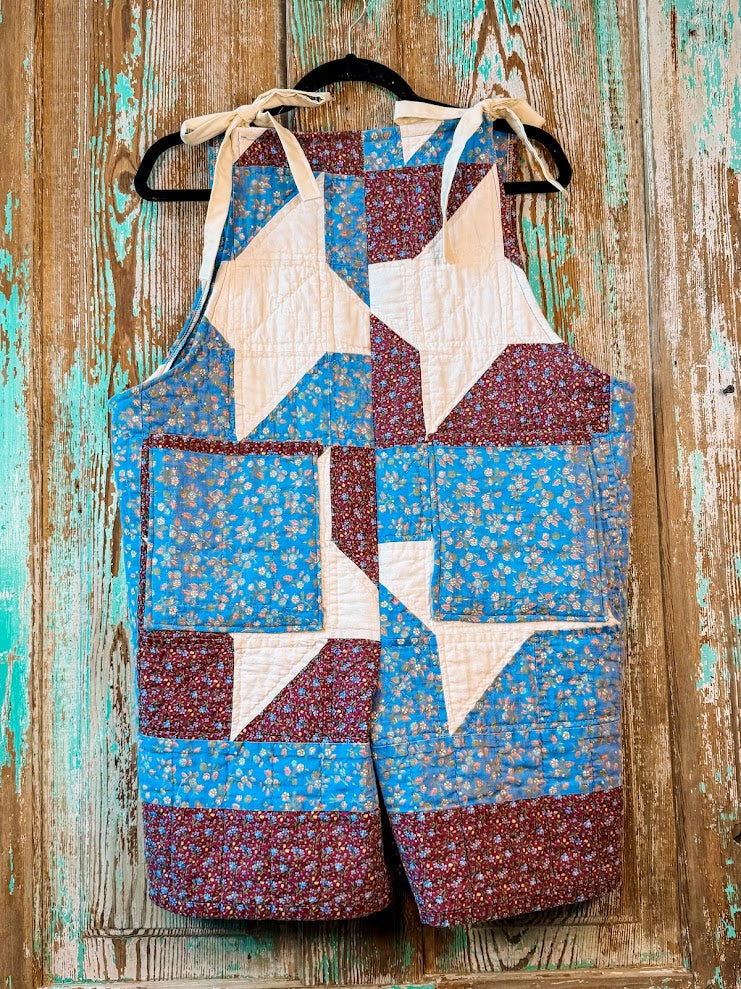 Upcycled "Friendship Star" Vintage Red and Blue Floral Quilt Overalls with Pockets: S/M