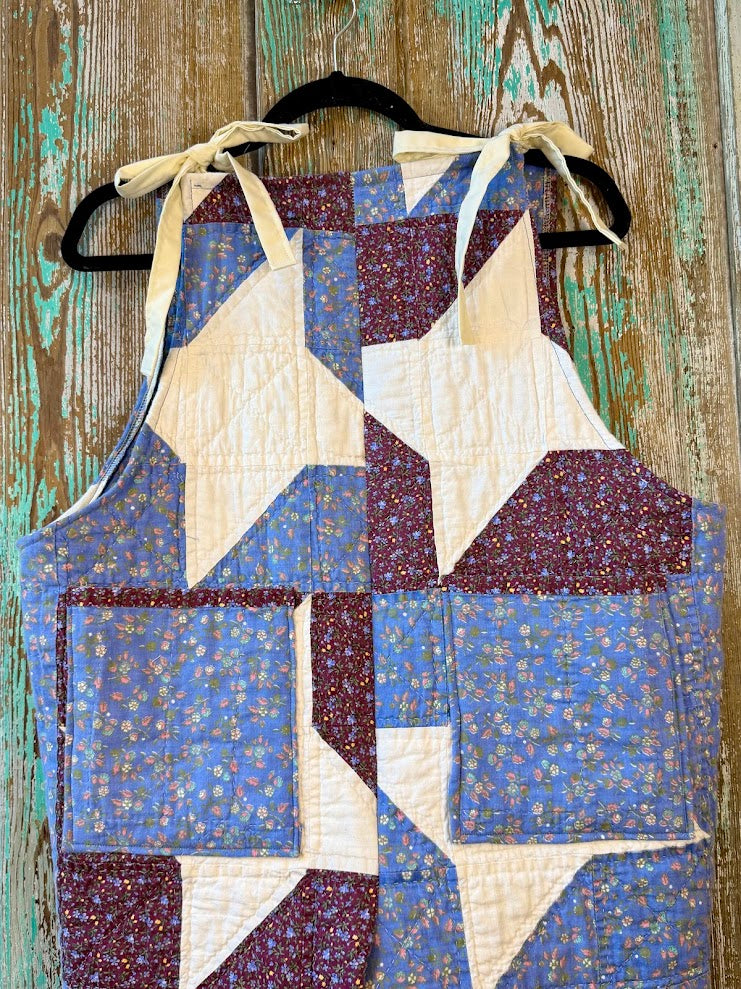 Upcycled "Friendship Star" Vintage Red and Blue Floral Quilt Overalls with Pockets: S/M