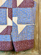 Upcycled "Friendship Star" Vintage Red and Blue Floral Quilt Overalls with Pockets: S/M