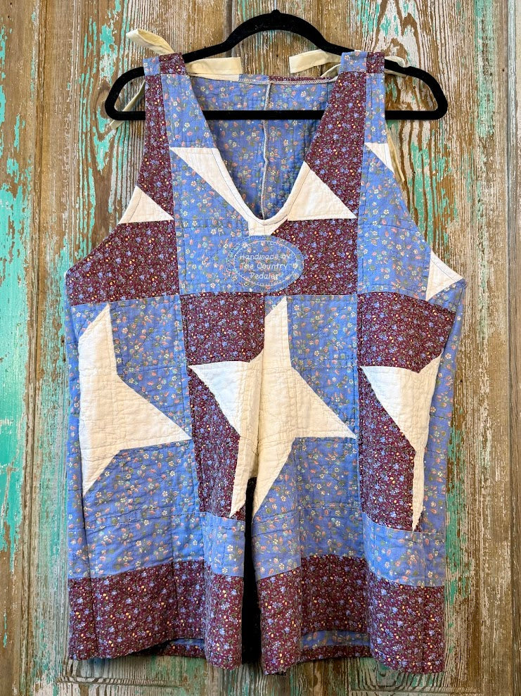 Upcycled "Friendship Star" Vintage Red and Blue Floral Quilt Overalls with Pockets: S/M