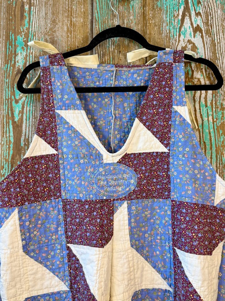 Upcycled "Friendship Star" Vintage Red and Blue Floral Quilt Overalls with Pockets: S/M