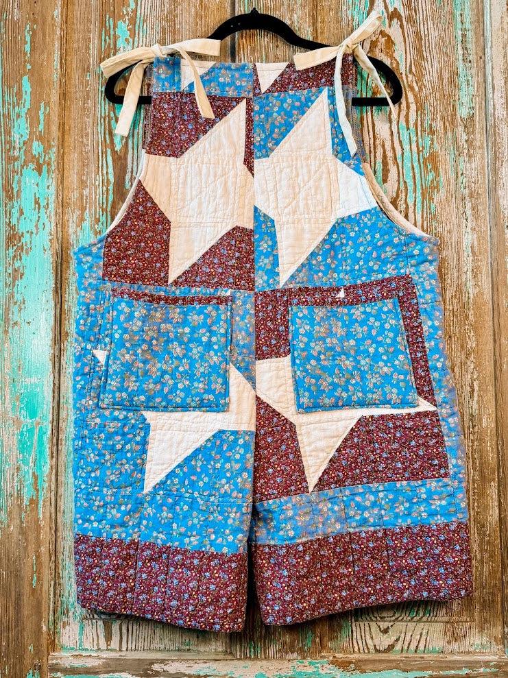 Upcycled "Friendship Star" Vintage Red and Blue Floral Quilt Overalls with Pockets" Women's M/L
