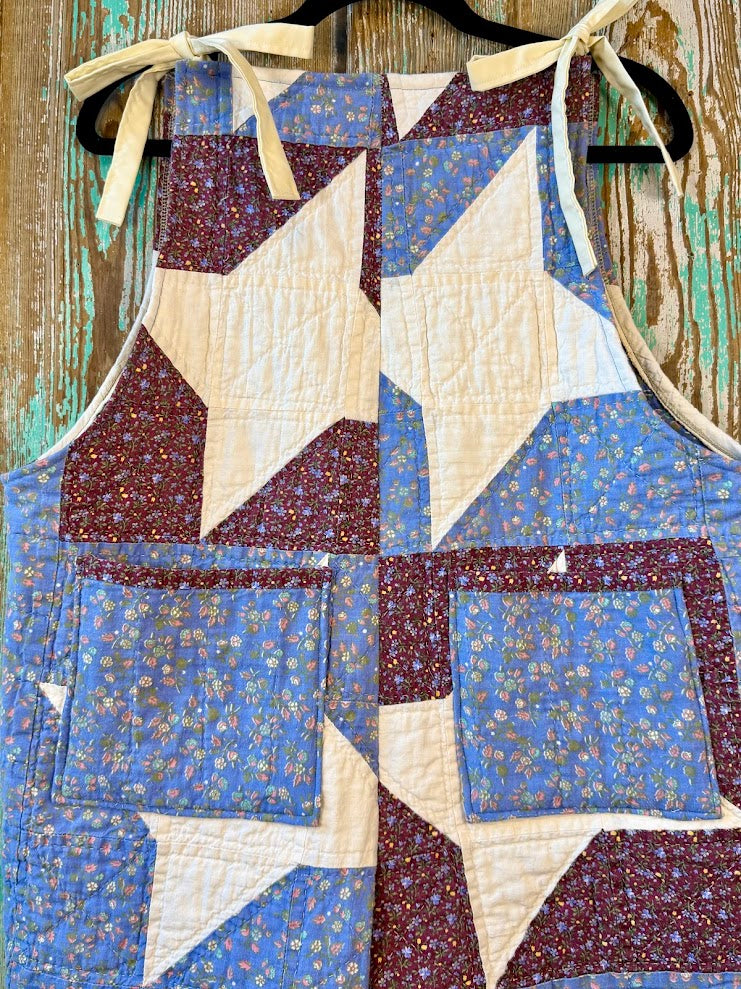 Upcycled "Friendship Star" Vintage Red and Blue Floral Quilt Overalls with Pockets" Women's M/L