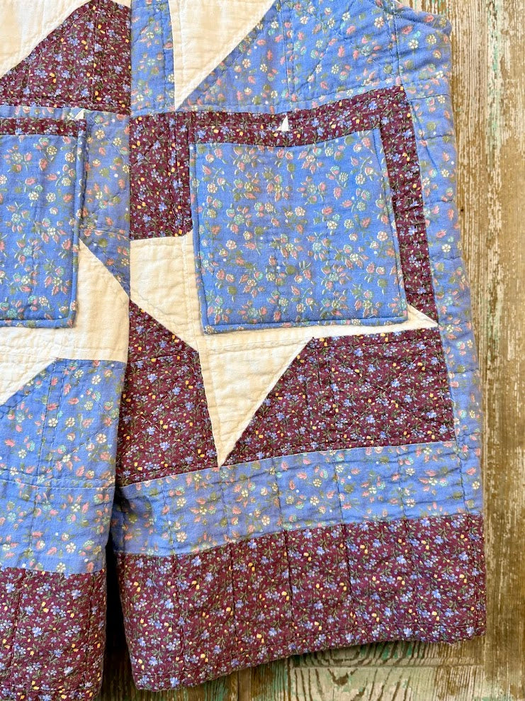 Upcycled "Friendship Star" Vintage Red and Blue Floral Quilt Overalls with Pockets" Women's M/L