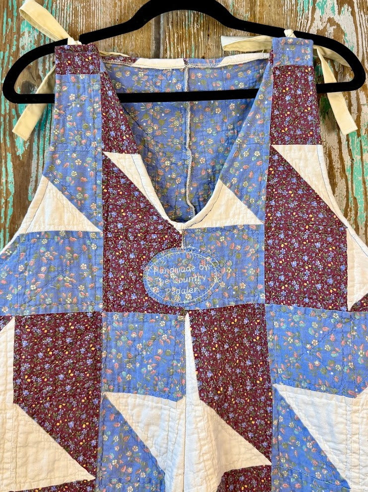 Upcycled "Friendship Star" Vintage Red and Blue Floral Quilt Overalls with Pockets" Women's M/L