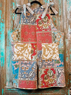 Upcycled "Boho" Vintage Quilt Short Overalls with Pockets: XL/XXL