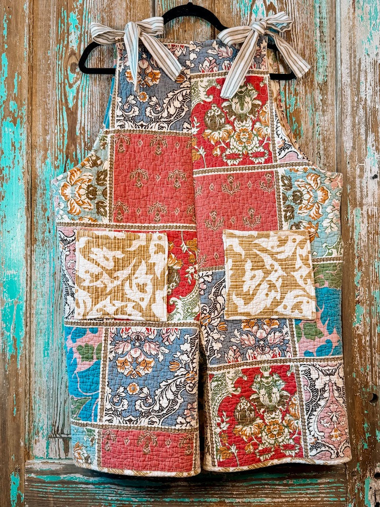 Upcycled "Boho" Vintage Quilt Short Overalls with Pockets: XL/XXL
