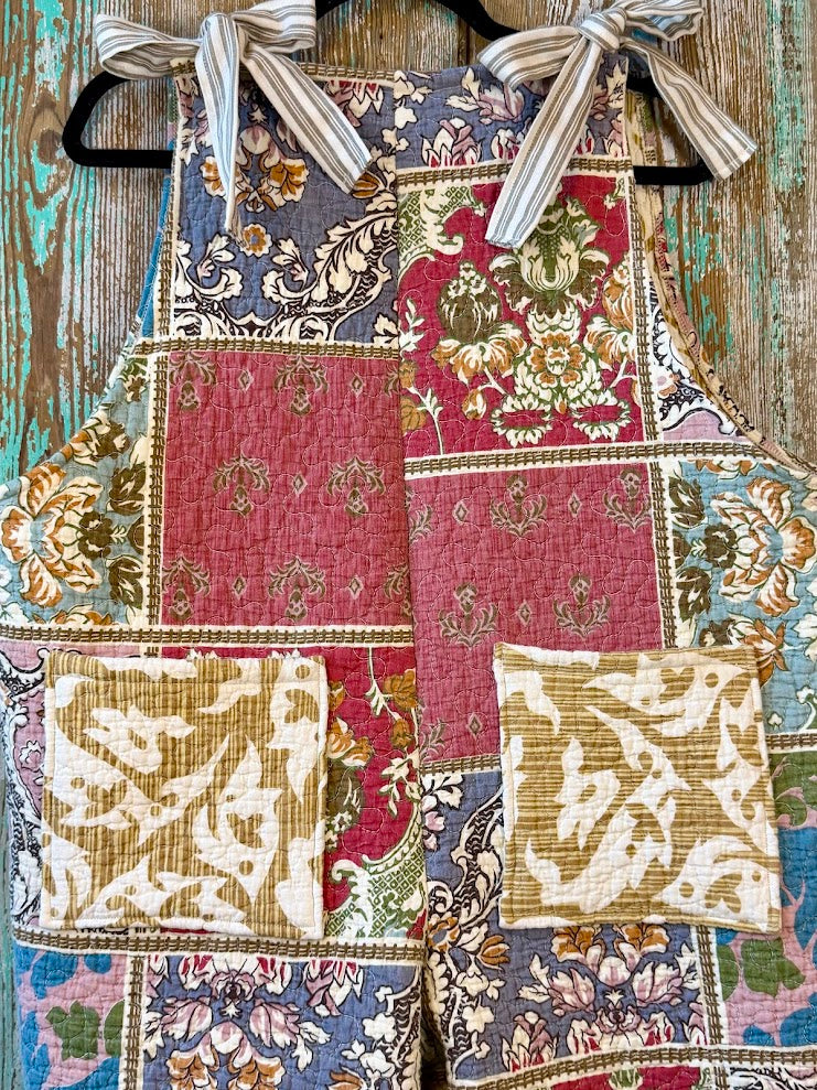 Upcycled "Boho" Vintage Quilt Short Overalls with Pockets: XL/XXL