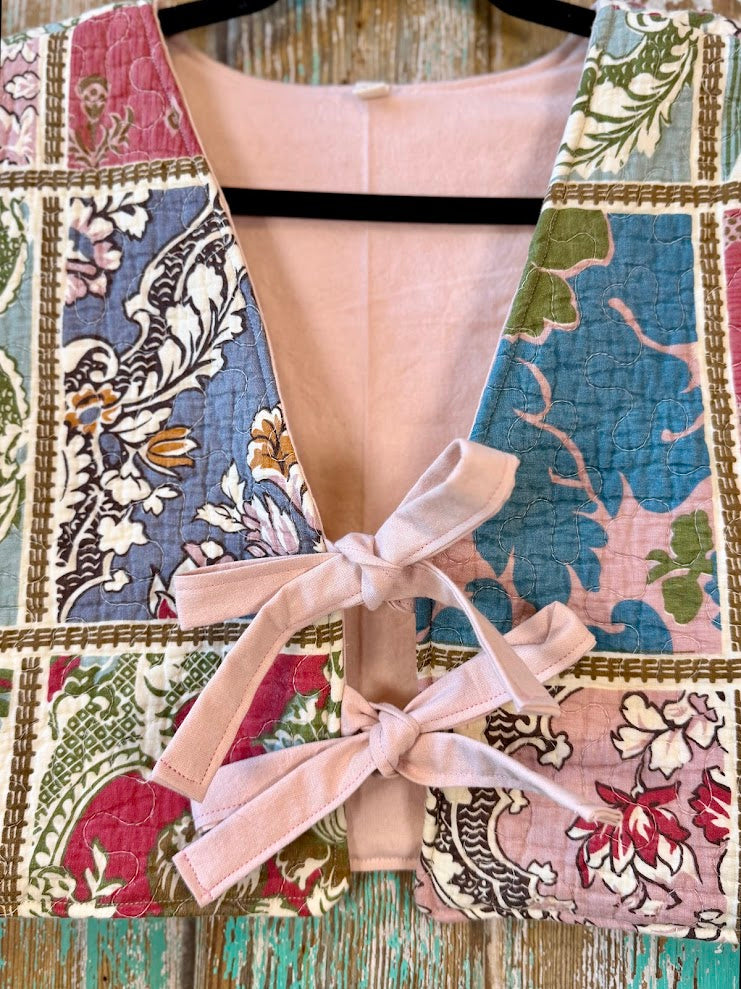 Upcycled "Boho" Cropped Quilt Tie-Front Vest: Women's Small