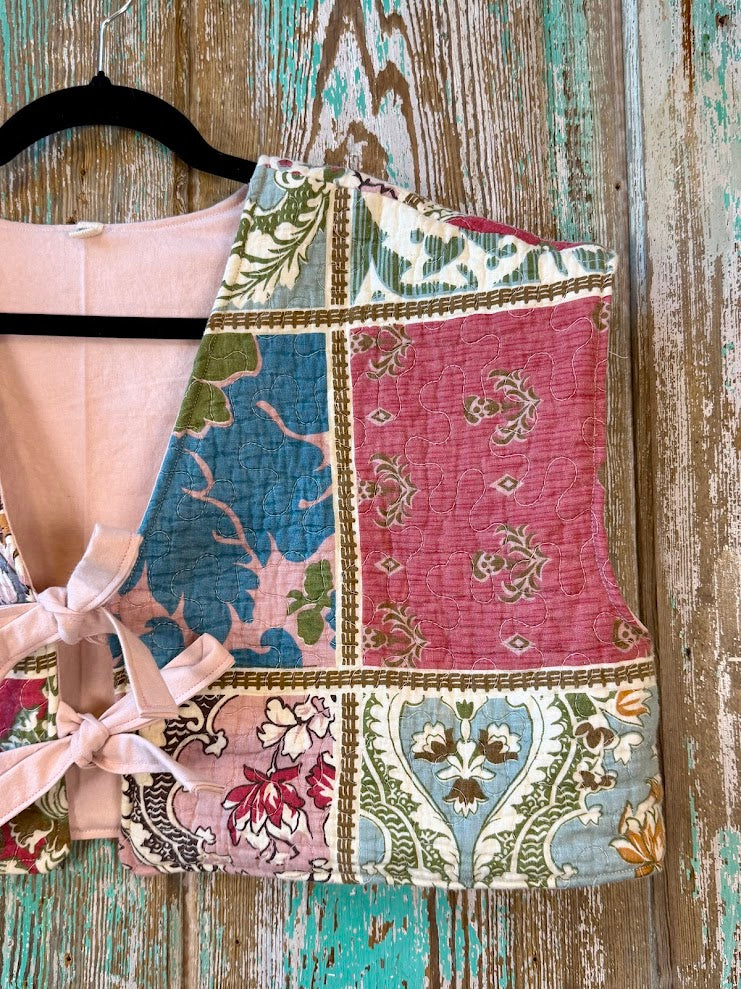 Upcycled "Boho" Cropped Quilt Tie-Front Vest: Women's Small