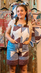 Upcycled "Friendship Star" Vintage Red and Blue Floral Quilt Overalls with Pockets" Women's M/L