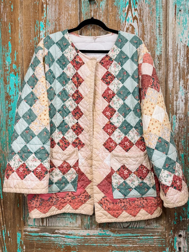 Upcycled Vintage Around the World Quilt Coat with Pockets: Unisex Medium