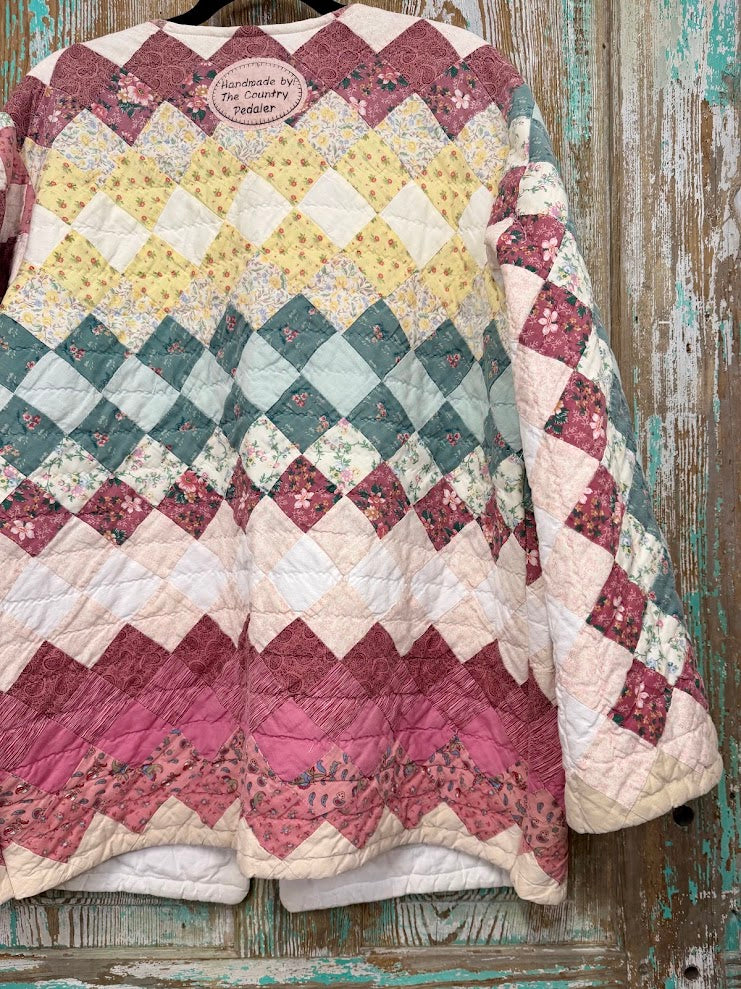 Upcycled Vintage Around the World Quilt Coat with Pockets: Unisex Medium