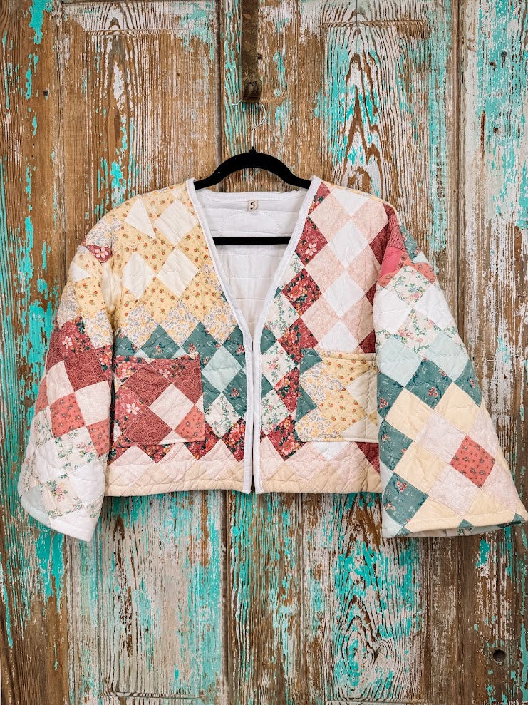 Upcycled Vintage Around the World Cropped Quilt Coat with Pockets: Women's Small
