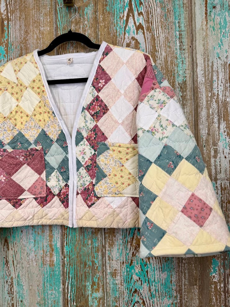 Upcycled Vintage Around the World Cropped Quilt Coat with Pockets: Women's Small