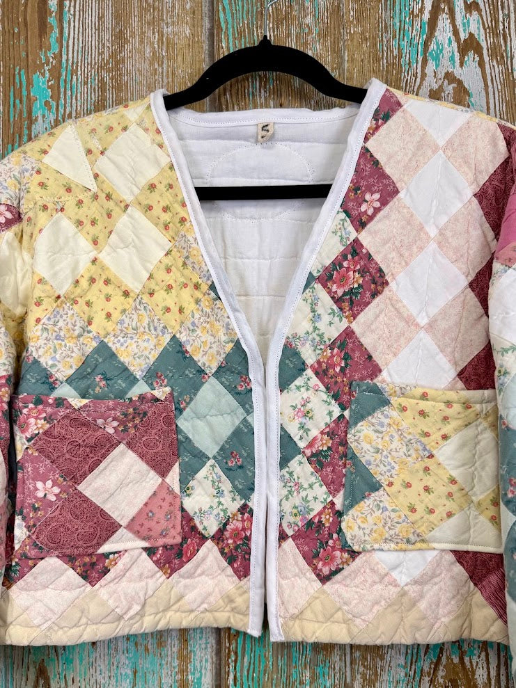 Upcycled Vintage Around the World Cropped Quilt Coat with Pockets: Women's Small
