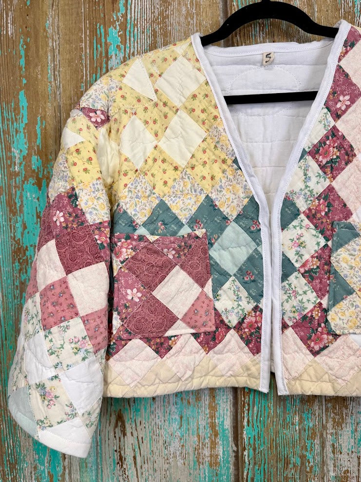 Upcycled Vintage Around the World Cropped Quilt Coat with Pockets: Women's Small