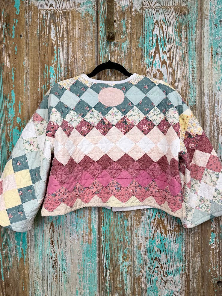 Upcycled Vintage Around the World Cropped Quilt Coat with Pockets: Women's Small