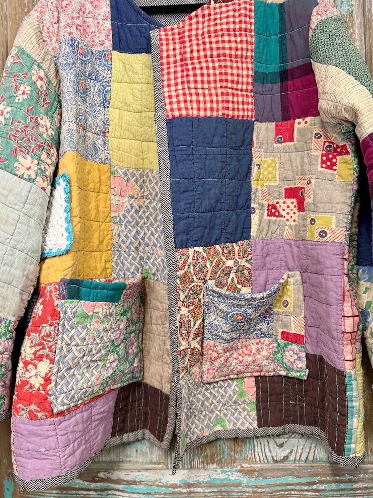Upcycled Vintage Crazy Patch Quilt Coat with Pockets: Unisex Large