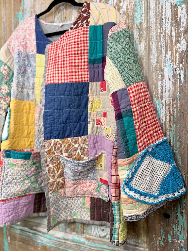 Upcycled Vintage Crazy Patch Quilt Coat with Pockets: Unisex Large
