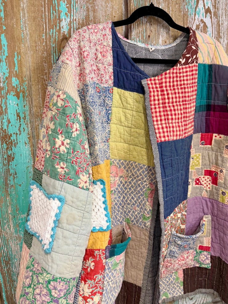 Upcycled Vintage Crazy Patch Quilt Coat with Pockets: Unisex Large