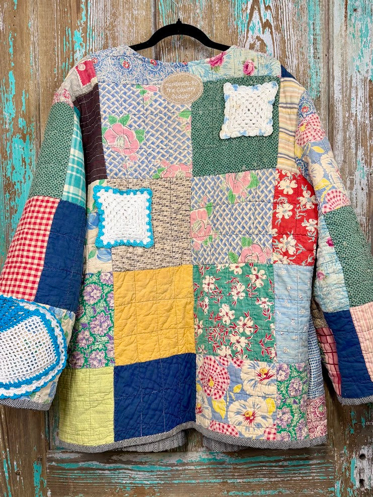 Upcycled Vintage Crazy Patch Quilt Coat with Pockets: Unisex Large