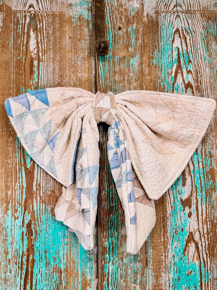 Upcycled Vintage Blue and White Quilt Bow: 20"