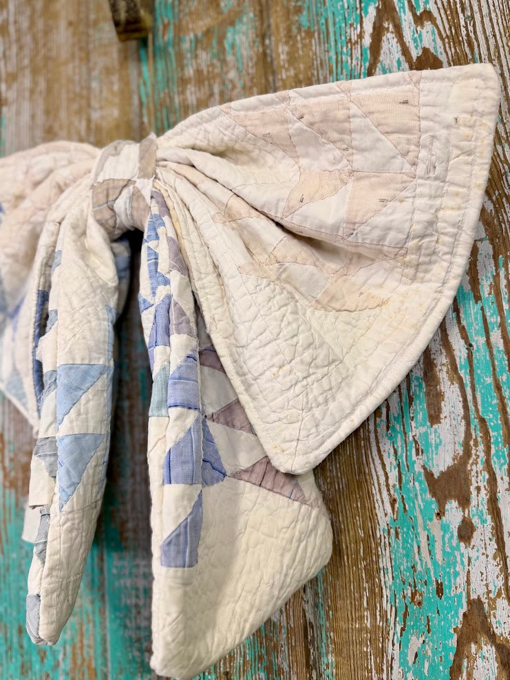 Upcycled Vintage Blue and White Quilt Bow: 20"
