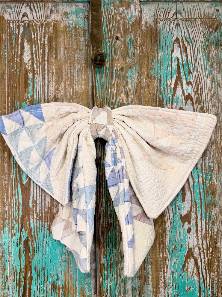 Upcycled Vintage Blue and White Quilt Bow: 20"