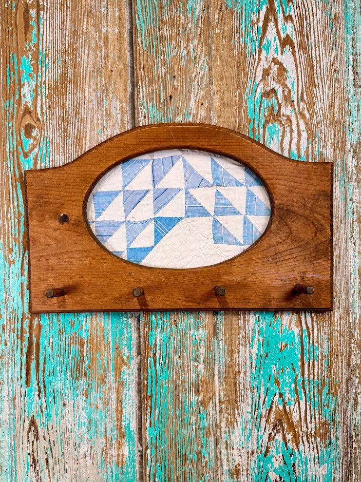 Upcycled Vintage Blue and White Flying Geese Framed Quilt with Pegs