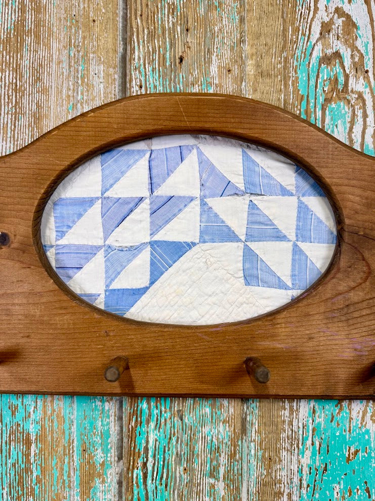 Upcycled Vintage Blue and White Flying Geese Framed Quilt with Pegs