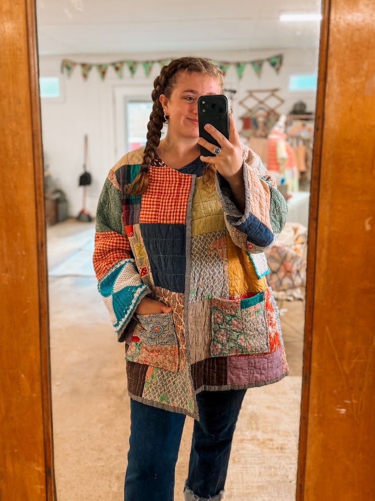 Upcycled Vintage Crazy Patch Quilt Coat with Pockets: Unisex Large