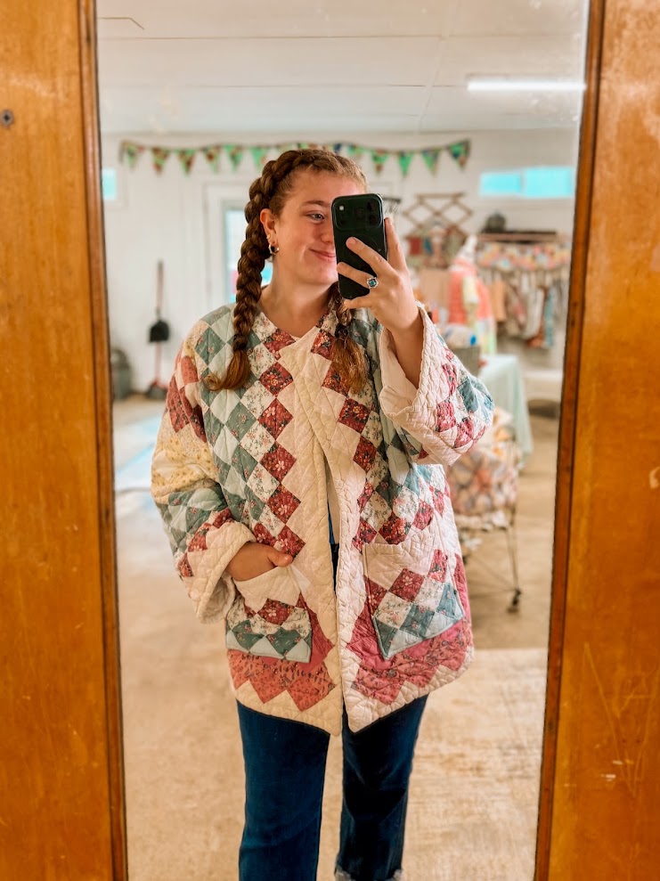 Upcycled Vintage Around the World Quilt Coat with Pockets: Unisex Medium