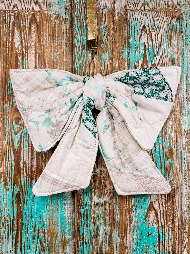 Upcycled Vintage "Greens & Whites" Quilt Bow: 20"
