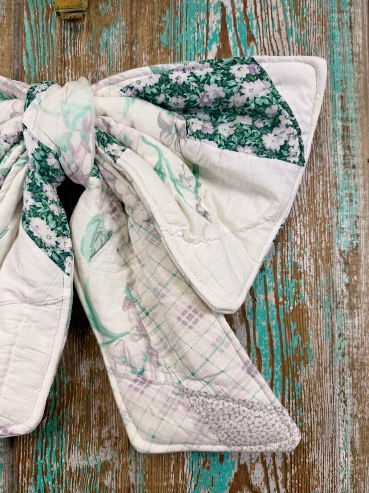 Upcycled Vintage "Greens & Whites" Quilt Bow: 20"