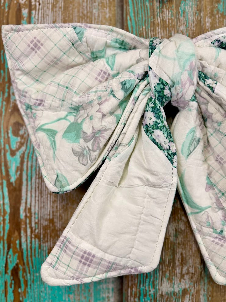 Upcycled Vintage "Greens & Whites" Quilt Bow: 20"