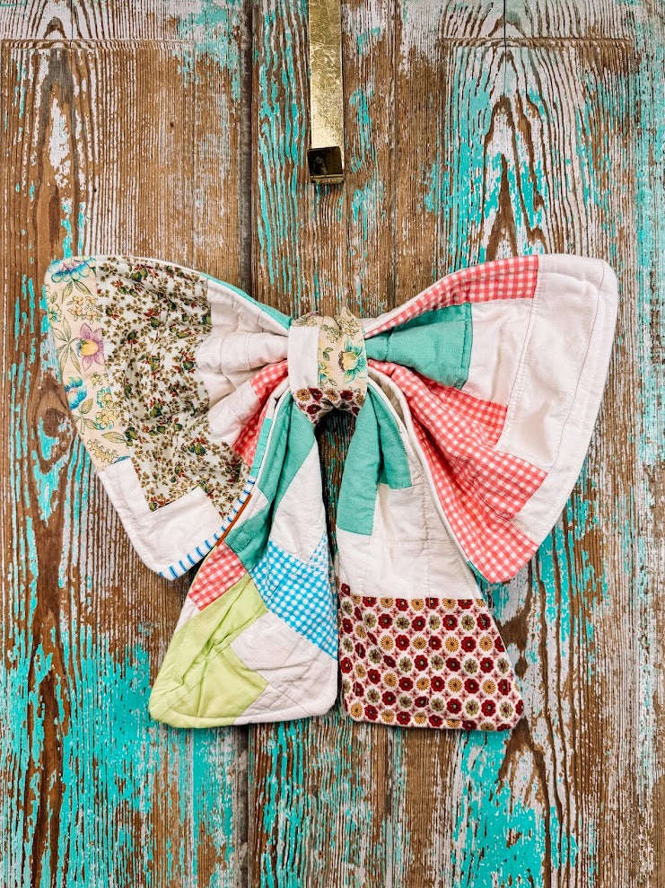 Upcycled Vintage "Colorful Florals" Quilt Bow: 20"