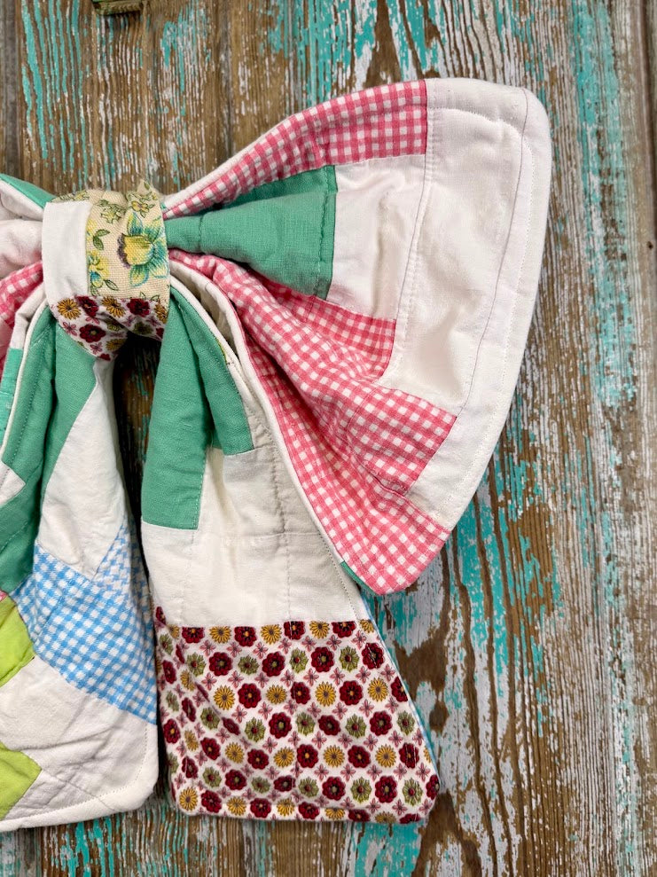 Upcycled Vintage "Colorful Florals" Quilt Bow: 20"