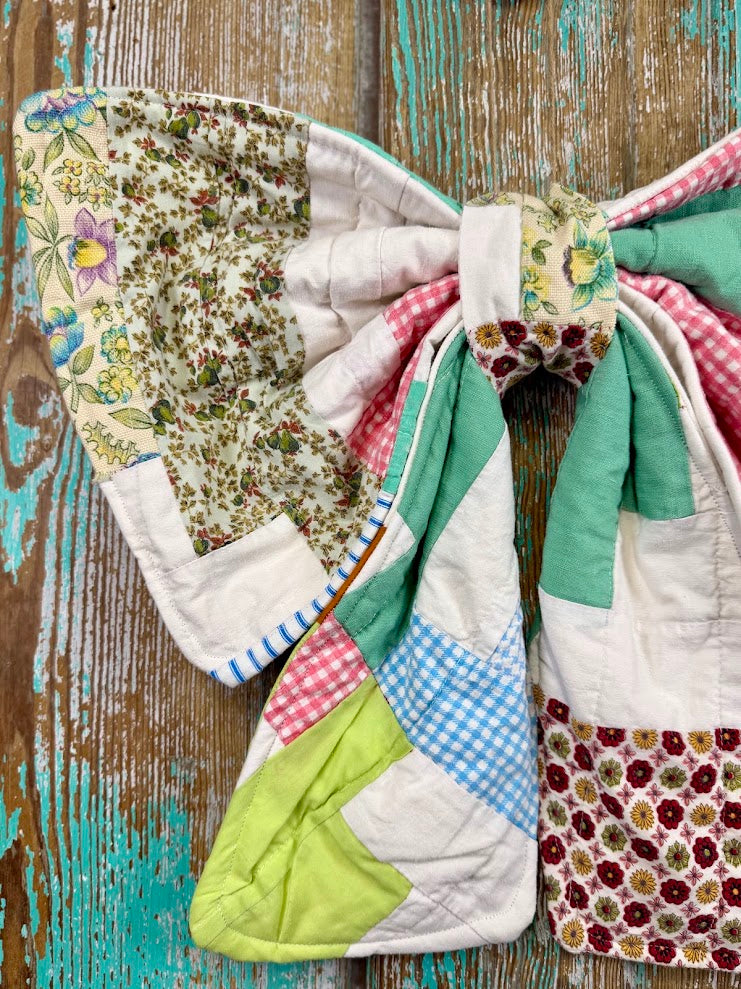 Upcycled Vintage "Colorful Florals" Quilt Bow: 20"