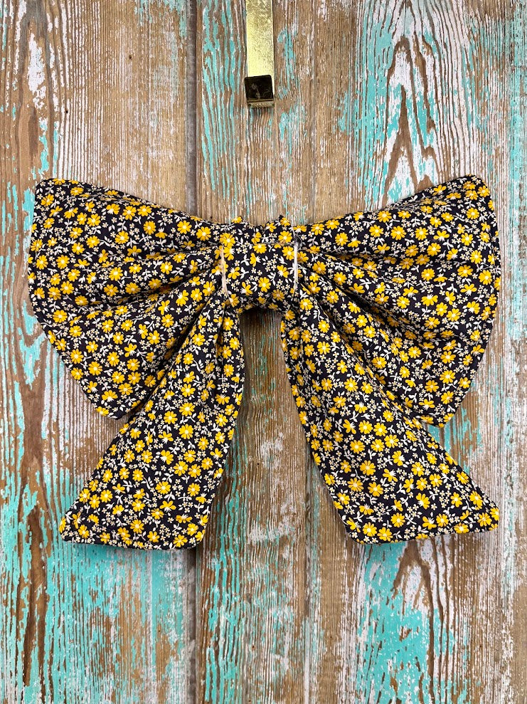 Upcycled Vintage Black & Yellow Florals Quilt Bow: 20"