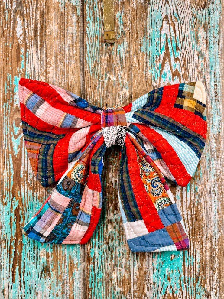 Upcycled Vintage Red Plaids Quilt Bow: 20"