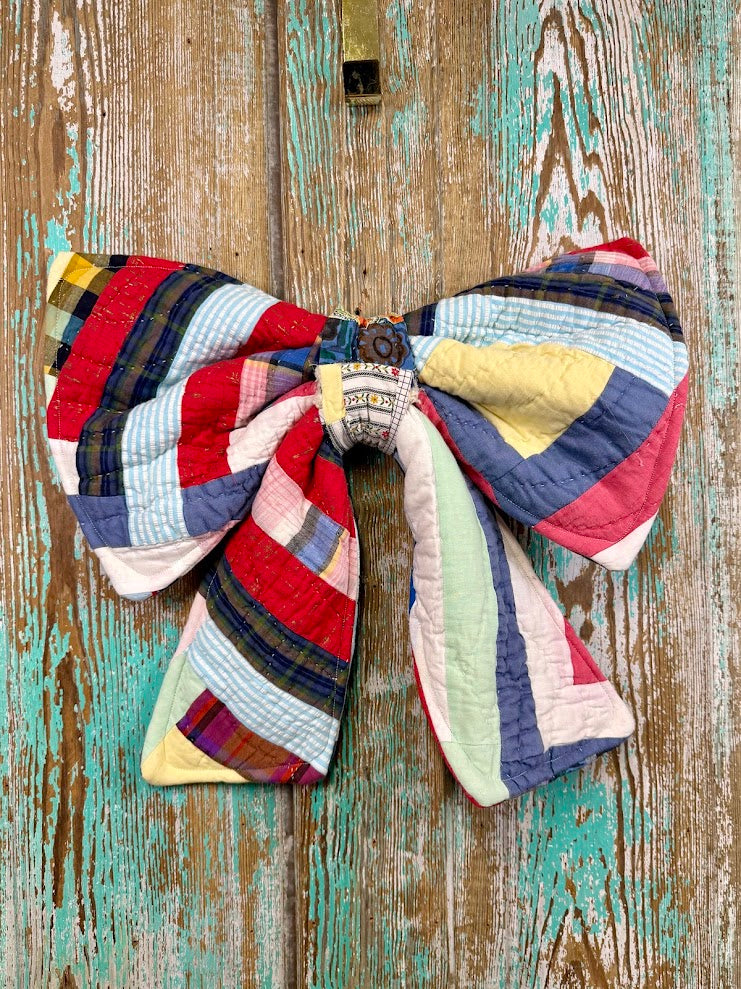 Upcycled Vintage Red Plaids Quilt Bow: 20"