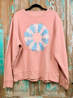 Upcycled Vintage Dresden Quilt Applique Sweatshirt- Light Pink: Women's XL