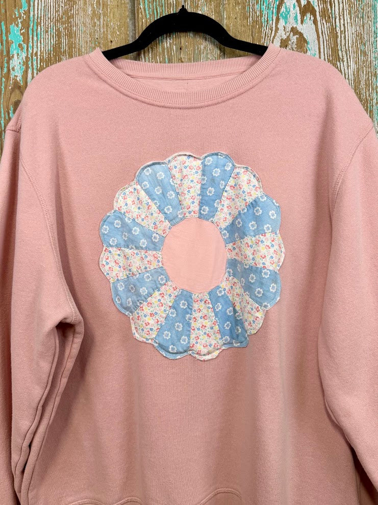 Upcycled Vintage Dresden Quilt Applique Sweatshirt- Light Pink: Women's XL