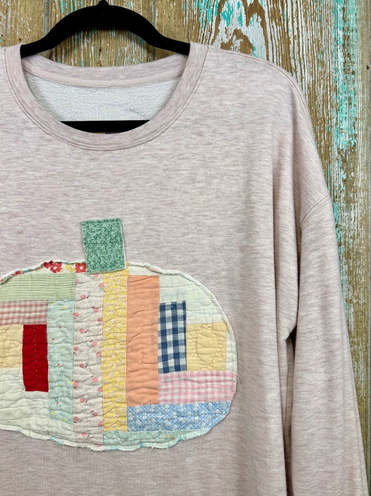 Upcycled Vintage Pumpkin Quilt Sweatshirt: Women's Large